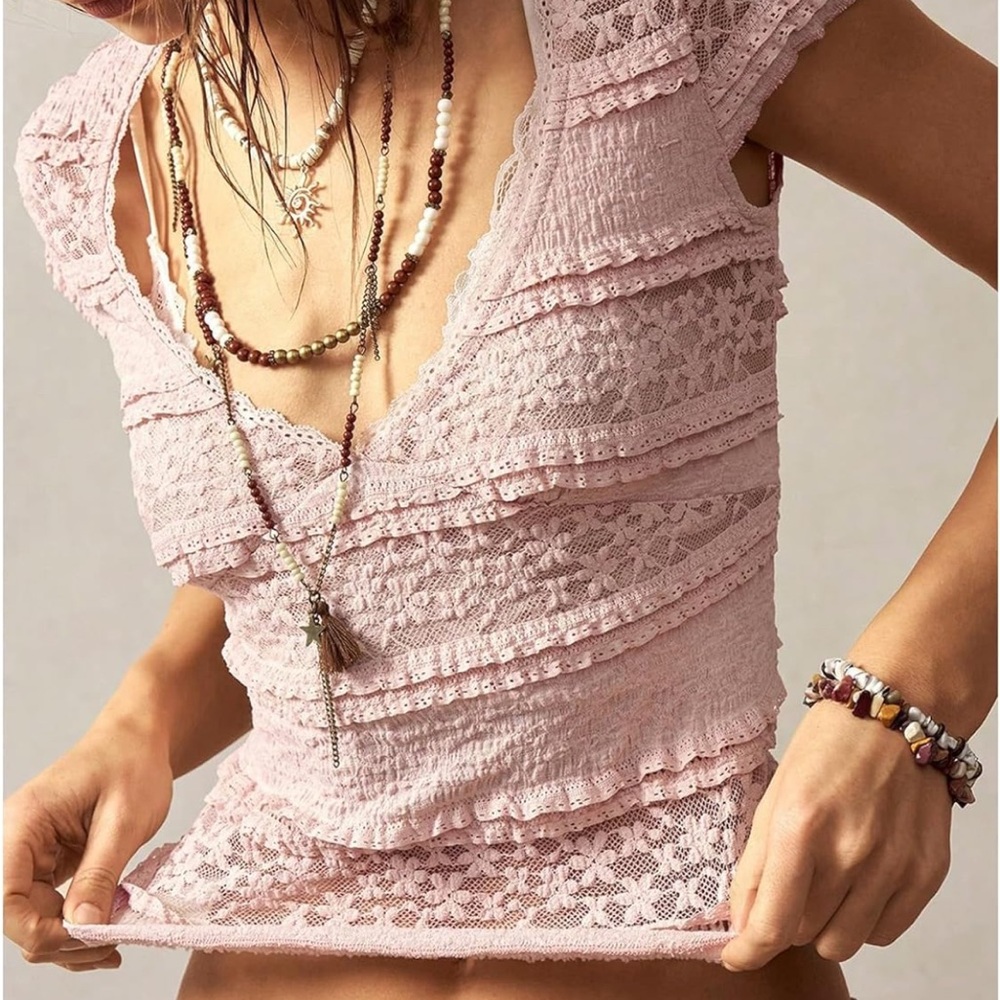Light Pink Boho Lace Ruffled Tank Top (SOLDD)